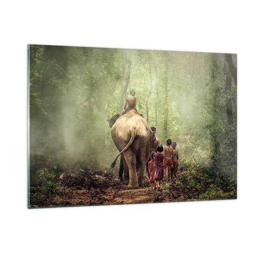 Cuadro sobre vidrio - Impresiones sobre Vidrio - Un elefante en el bosque con niños con trajes tradicionales. - 120x80cm - El nuevo libro de la selva - Decoración de pared moderna para salón y dormitorio ARTTOR