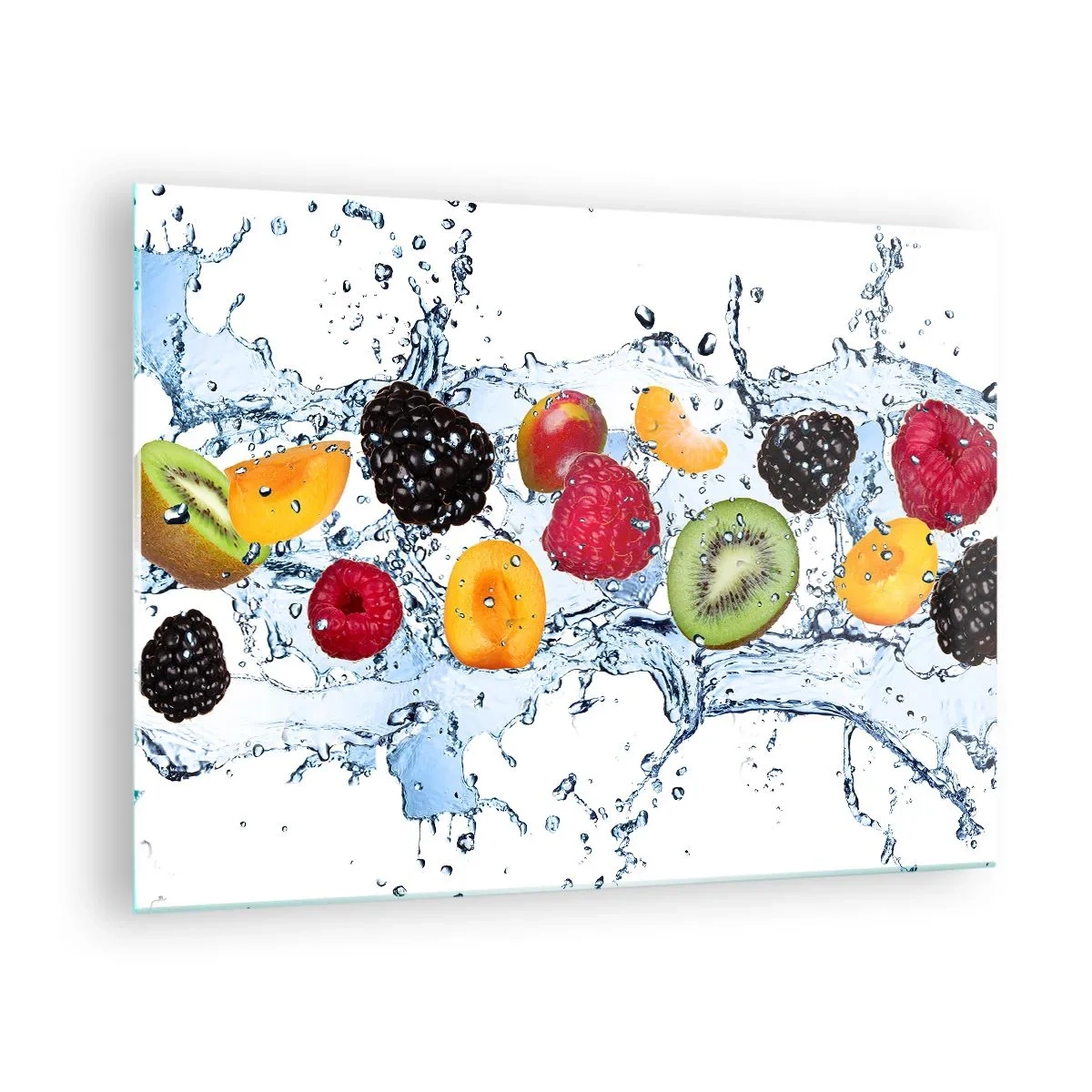 Cuadro sobre vidrio - Impresiones sobre Vidrio - Frutas coloridas en agua sobre un fondo blanco. - 70x50cm - Juega con nosotros - Decoración de pared moderna para salón y dormitorio ARTTOR