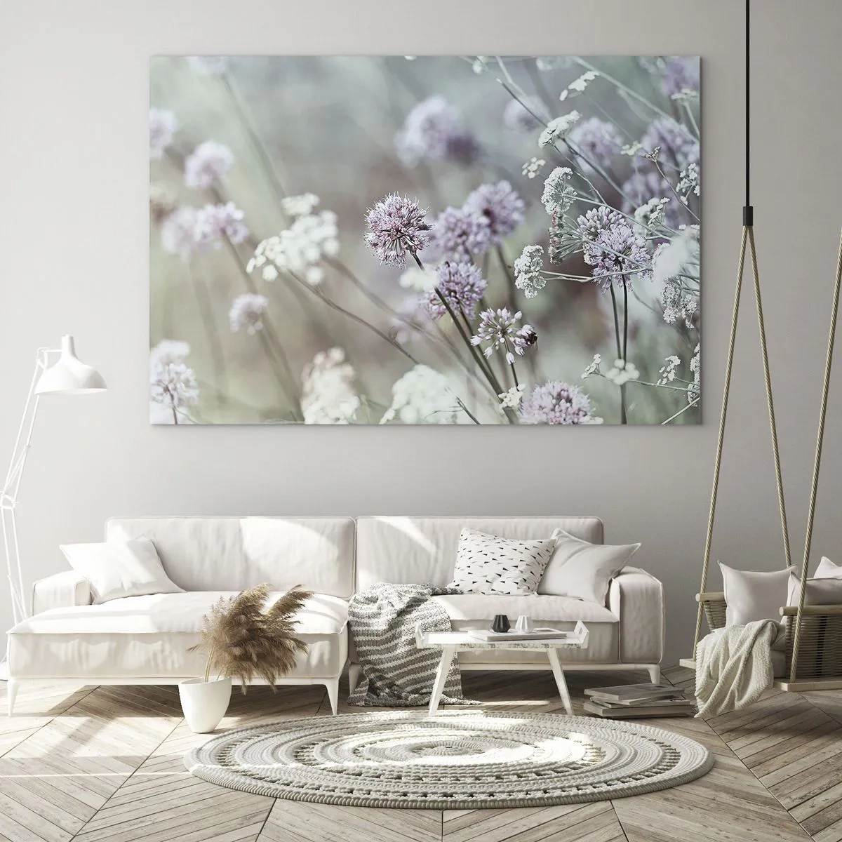 Cuadro sobre vidrio - Impresiones sobre Vidrio - Delicadas flores silvestres en tonos pastel. - 70x50cm - Dulces filigranas de hierbas - Decoración de pared moderna para salón y dormitorio ARTTOR