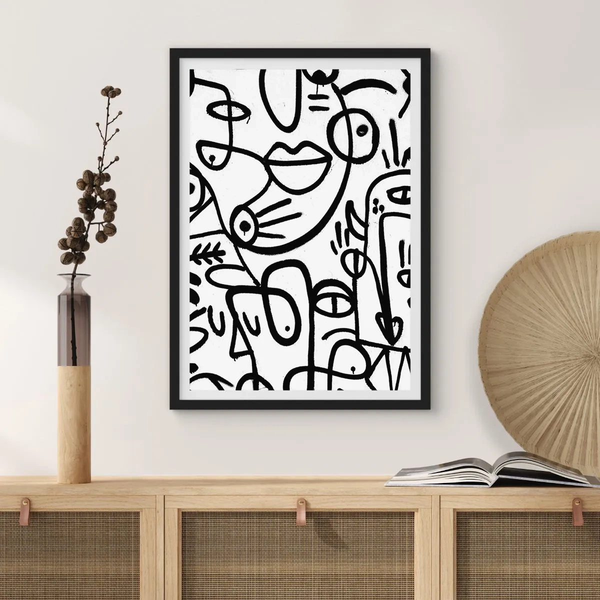 Póster en marco negro - Líneas negras abstractas sobre un fondo blanco - 50x70cm - Rostros y espejismos - Decoración de pared moderna para salón y dormitorio ARTTOR