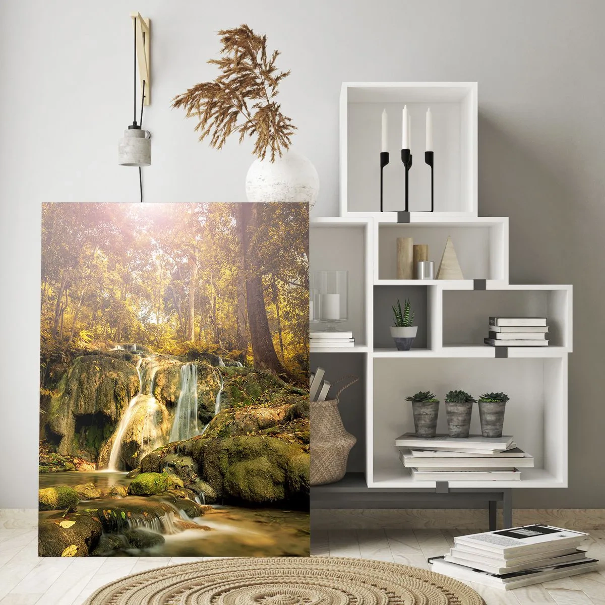 Cuadro sobre vidrio - Impresiones sobre Vidrio - Cascada forestal en la vegetación - 50x70cm - Cascada forestal en verde - Decoración de pared moderna para salón y dormitorio ARTTOR