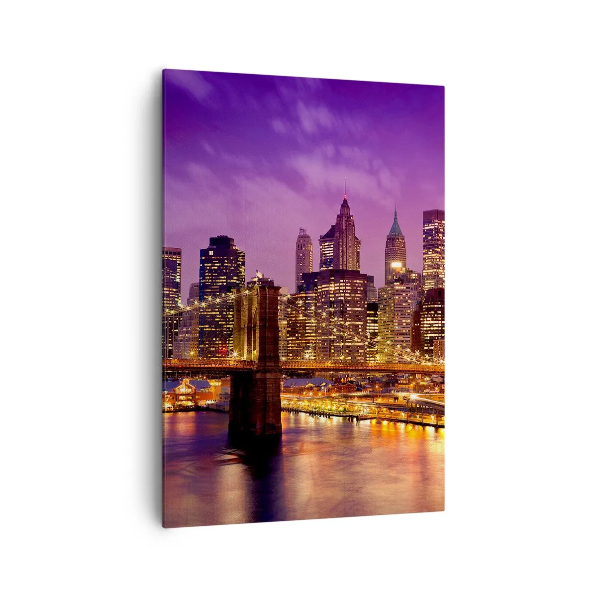 Cuadro sobre lienzo - Impresión de Imagen - Panorama de la ciudad con el puente a la luz del atardecer contra el cielo violeta. - 70x100cm - Manhattan púrpura y dorado - Decoración de pared moderna para salón y dormitorio ARTTOR