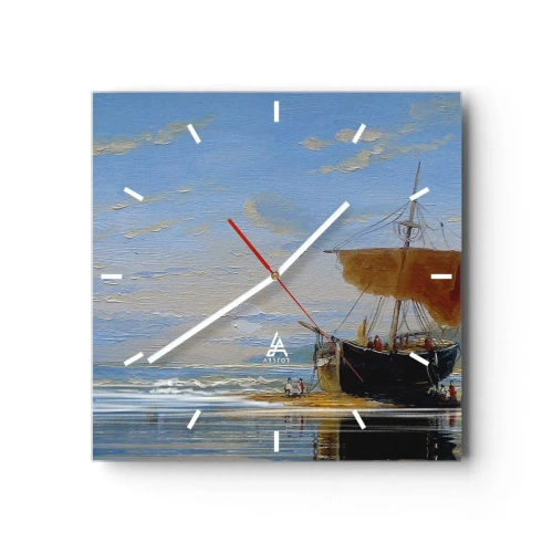 Reloj de pared - Reloj de vidrio - Un barco en la orilla del mar en un día soleado. - 30x30cm - Agua, tierra, aire - Decoración de pared moderna para salón y dormitorio ARTTOR
