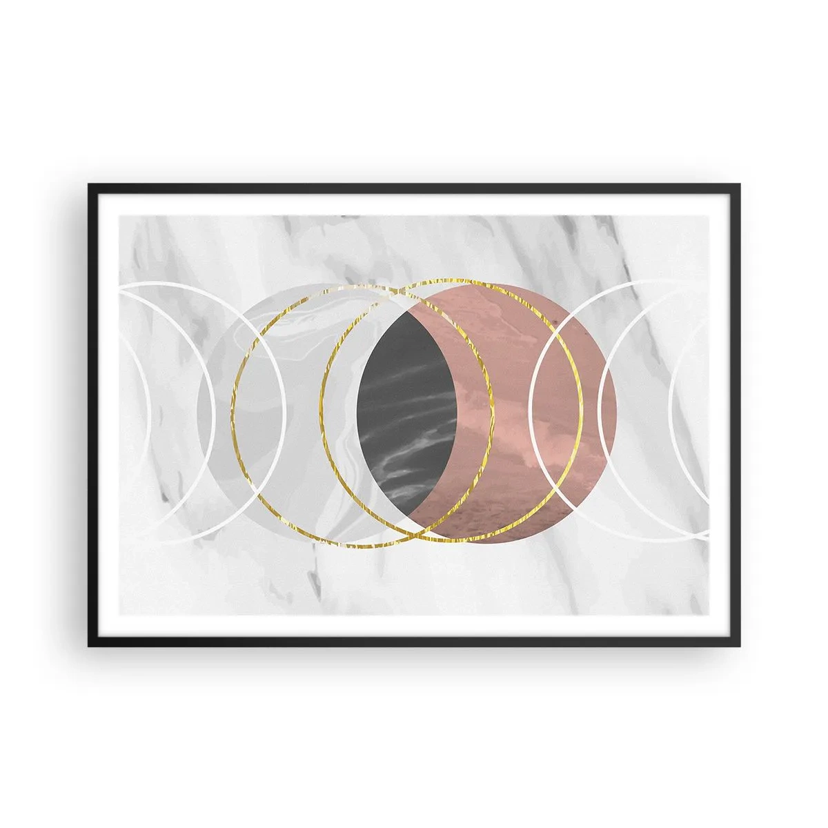 Póster en marco negro - Composición geométrica abstracta con círculos y detalles metálicos. - 100x70cm - Música de las esferas - Decoración de pared moderna para salón y dormitorio ARTTOR