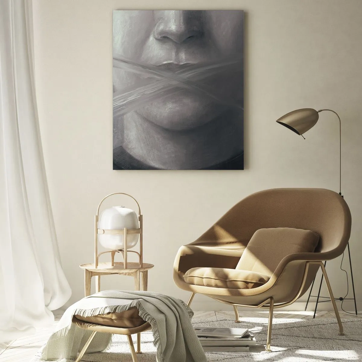 Cuadro sobre vidrio - Impresiones sobre Vidrio - Un retrato simbólico con labios difuminados en tonos grises. - 80x120cm - Ni una palabra - Decoración de pared moderna para salón y dormitorio ARTTOR
