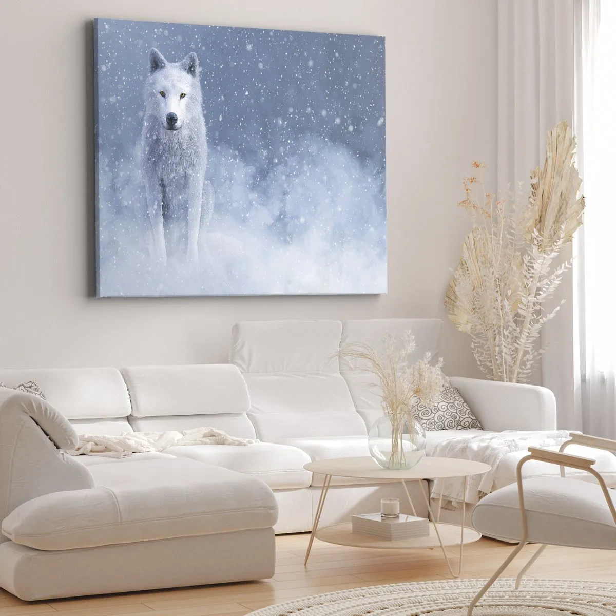 Cuadro sobre lienzo - Impresión de Imagen - Lobo blanco en un paisaje nevado - 70x50cm - El espíritu del invierno - Decoración de pared moderna para salón y dormitorio ARTTOR