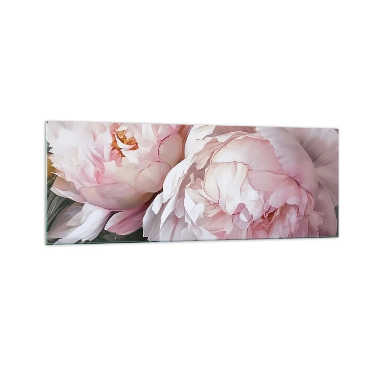 Cuadro sobre vidrio - Impresiones sobre Vidrio - Delicadas peonías rosas en plena floración. - 140x50cm - En flor - Decoración de pared moderna para salón y dormitorio ARTTOR