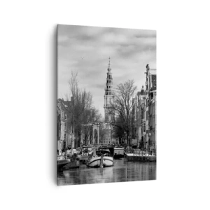 Cuadro sobre lienzo - Impresión de Imagen - Panorama en blanco y negro de Ámsterdam con canal y edificios históricos - 70x100cm - Ambiente de Ámsterdam - Decoración de pared moderna para salón y dormitorio ARTTOR