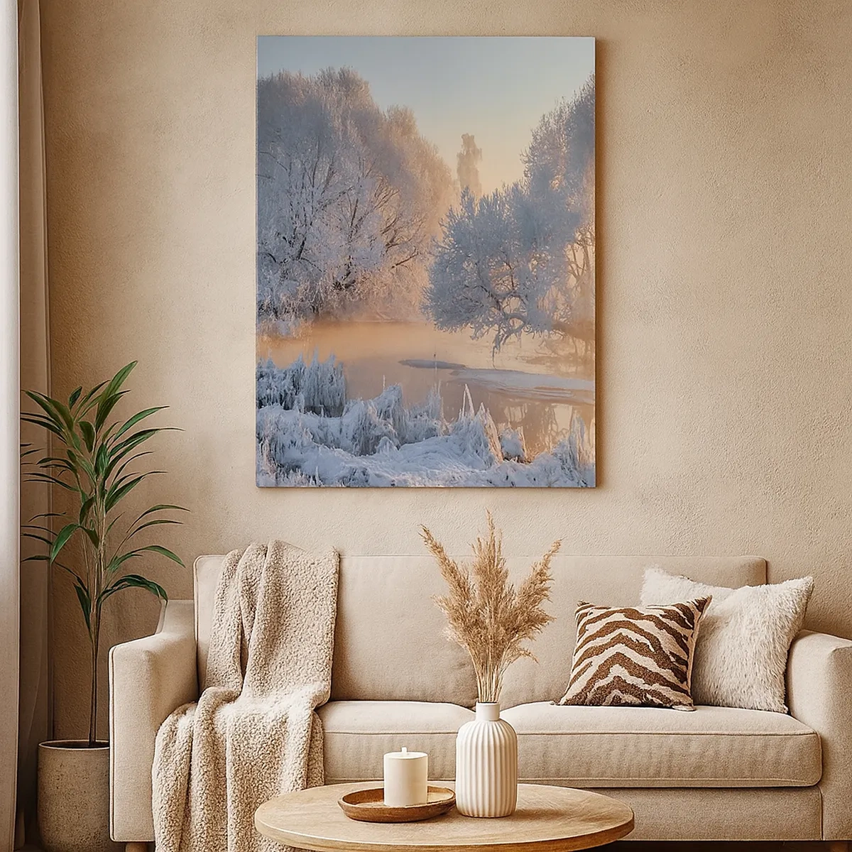 Cuadro sobre lienzo - Impresión de Imagen - Paisaje invernal con árboles cubiertos de nieve y una puesta de sol. - 50x70cm - Brillo cristalino - Decoración de pared moderna para salón y dormitorio ARTTOR