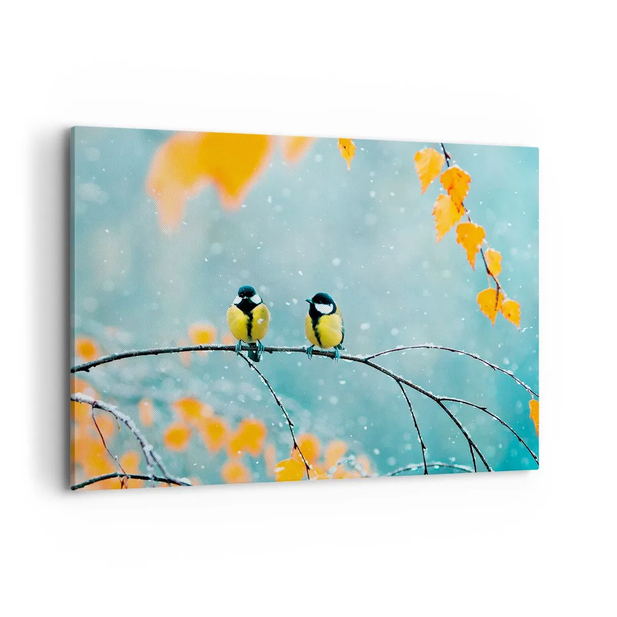 Cuadro sobre lienzo - Impresión de Imagen - Dos pájaros en una rama en un entorno invernal con hojas amarillas. - 100x70cm - Cotilleo de pájaros - Decoración de pared moderna para salón y dormitorio ARTTOR