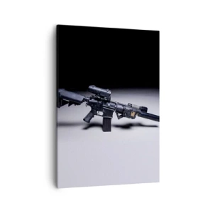 Cuadro sobre lienzo - Impresión de Imagen - Un rifle moderno en negro sobre un fondo oscuro. - 50x70cm - Un caballero oscuro - Decoración de pared moderna para salón y dormitorio ARTTOR