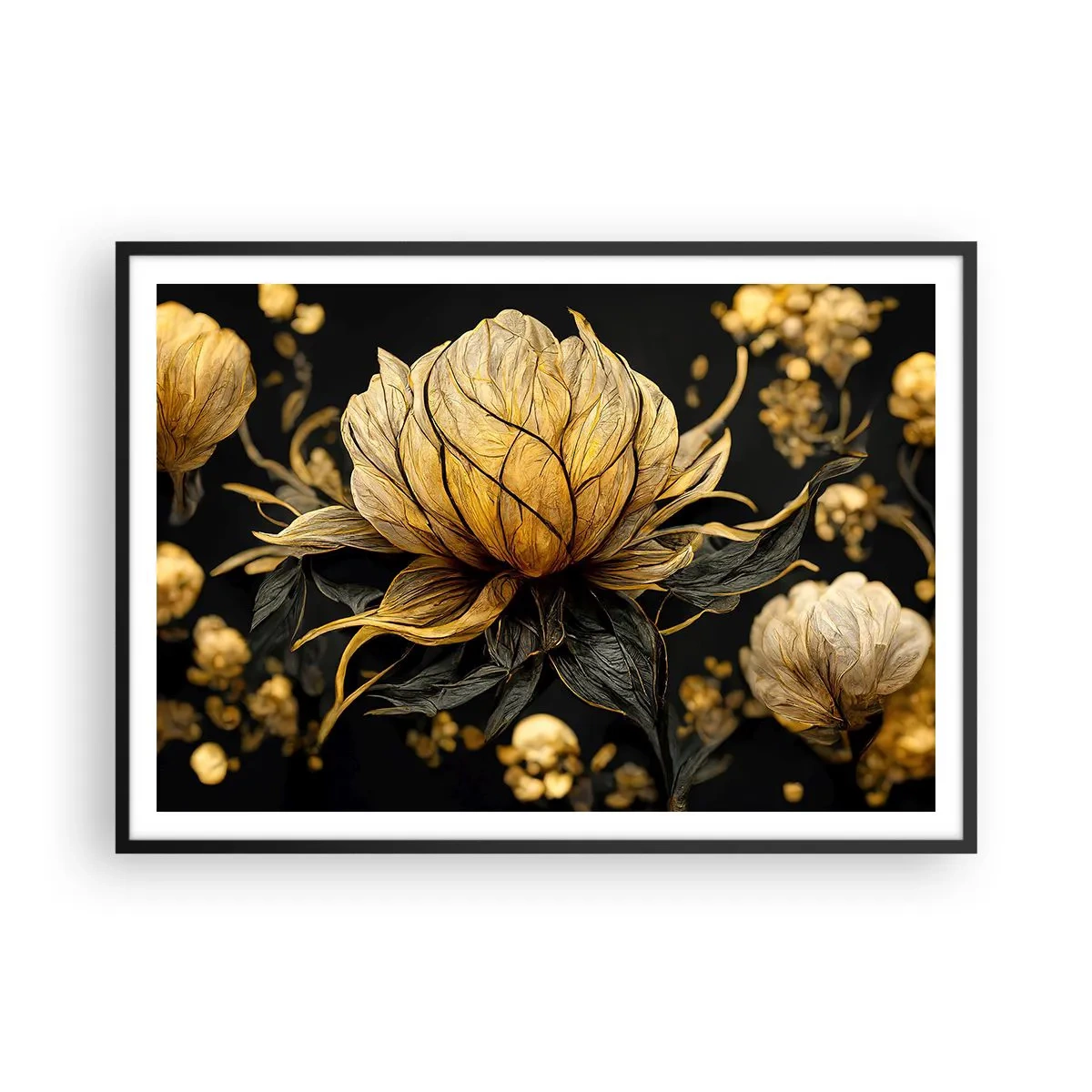 Póster en marco negro - Flor dorada sobre fondo oscuro - 100x70cm - Sutil fragilidad - Decoración de pared moderna para salón y dormitorio ARTTOR
