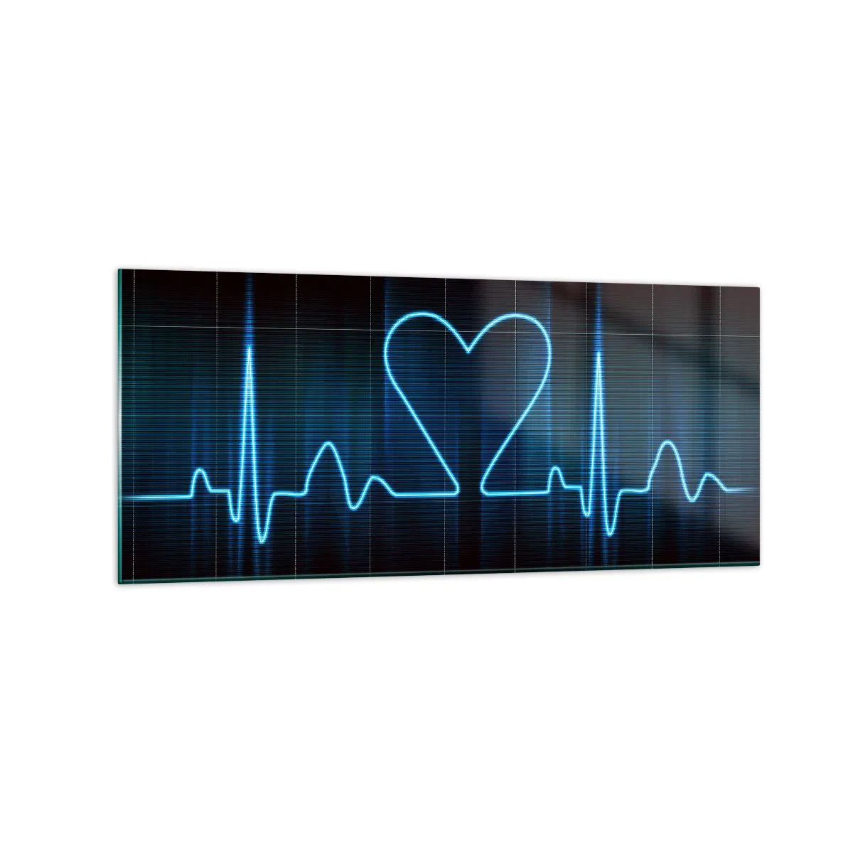 Cuadro sobre vidrio - Impresiones sobre Vidrio - Una línea salvavidas con un corazón sobre un fondo de monitoreo médico en tonos azules. - 120x50cm - El ritmo del corazón - Decoración de pared moderna para salón y dormitorio ARTTOR