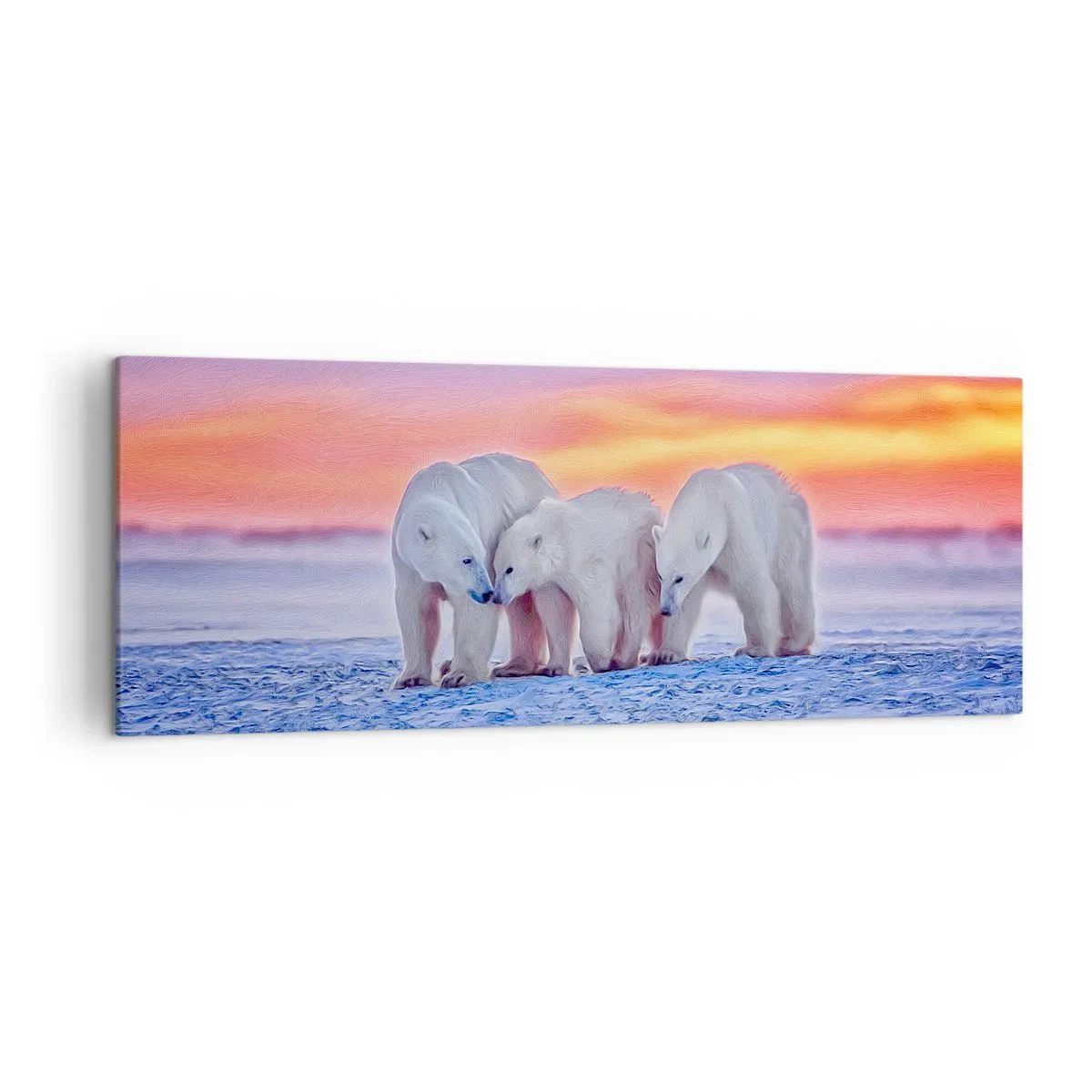 Cuadro sobre lienzo - Impresión de Imagen - Tres osos polares con el telón de fondo de una puesta de sol ártica. - 140x50cm - Todo lo que necesitas es el calor de la familia - Decoración de pared moderna para salón y dormitorio ARTTOR