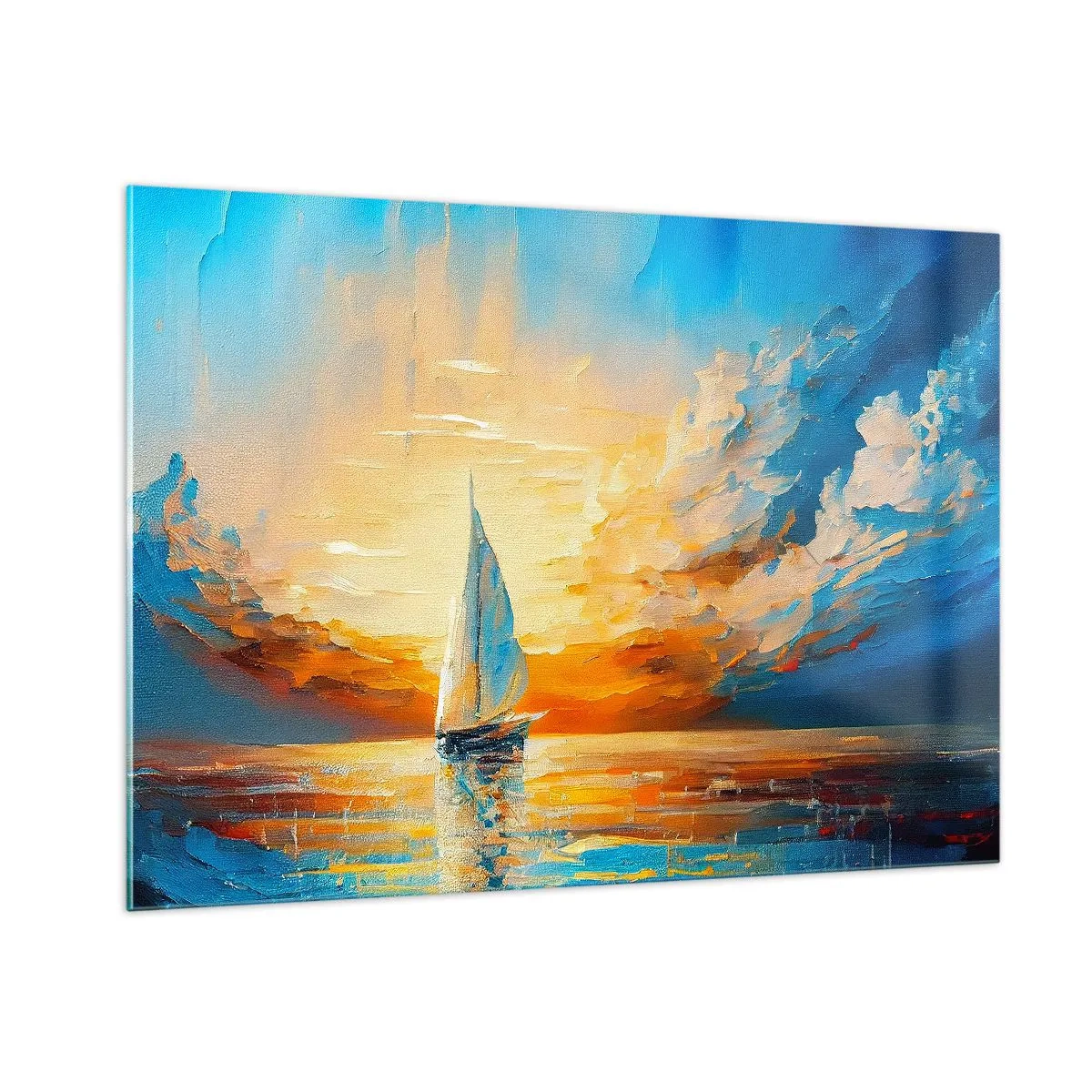 Cuadro sobre vidrio - Impresiones sobre Vidrio - Un velero en el mar a la luz del sol poniente. - 100x70cm - Navegando en oro - Decoración de pared moderna para salón y dormitorio ARTTOR