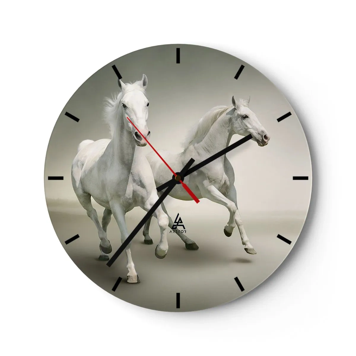 Reloj de pared - Reloj de vidrio - Dos caballos blancos corriendo sobre un fondo brillante. - 30x30cm - ¡Poder blanco! - Decoración de pared moderna para salón, cocina y dormitorio ARTTOR