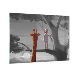 Cuadro sobre vidrio - Impresiones sobre Vidrio - Un niño en pijama y una jirafa miran el atardecer desde un árbol. - 70x50cm - ¿Está sucediendo de verdad? - Decoración de pared moderna para salón y dormitorio ARTTOR
