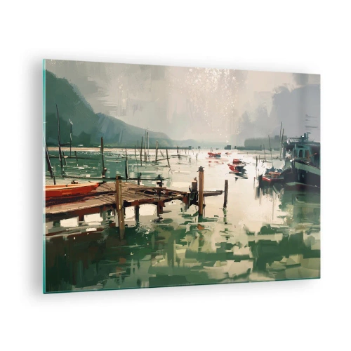 Cuadro sobre vidrio - Impresiones sobre Vidrio - Un embarcadero de madera y barcos en aguas tranquilas rodeados de montañas. - 70x50cm - Empapado en la luna fundida - Decoración de pared moderna para salón y dormitorio ARTTOR