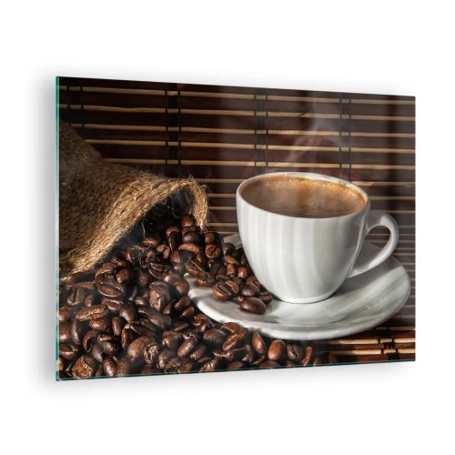 Cuadro sobre vidrio - Impresiones sobre Vidrio - Una taza de café con granos sobre un fondo rústico. - 70x50cm - La negrura del carbón, la transparencia del ámbar - Decoración de pared moderna para salón y dormitorio ARTTOR