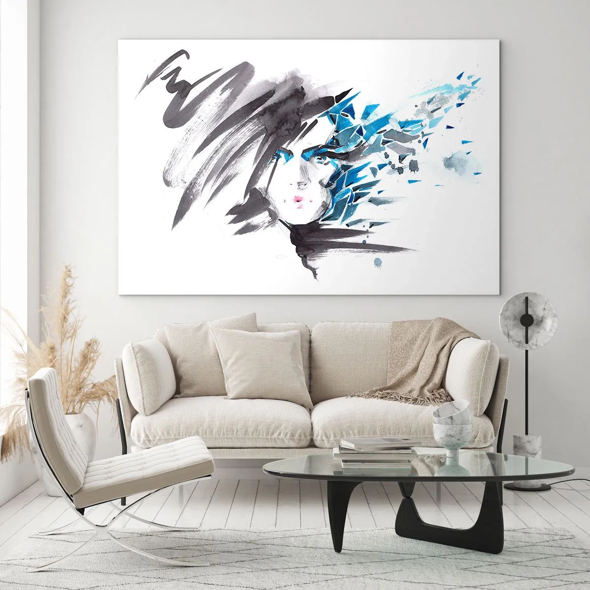 Cuadro sobre vidrio - Impresiones sobre Vidrio - Retrato de una mujer con acentos azules abstractos - 70x50cm - Un sensual retrato en gris y azul - Decoración de pared moderna para salón y dormitorio ARTTOR