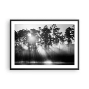 Póster en marco negro - Bosque blanco y negro en la niebla de la mañana. - 70x50cm - Sol imparable - Decoración de pared moderna para salón y dormitorio ARTTOR