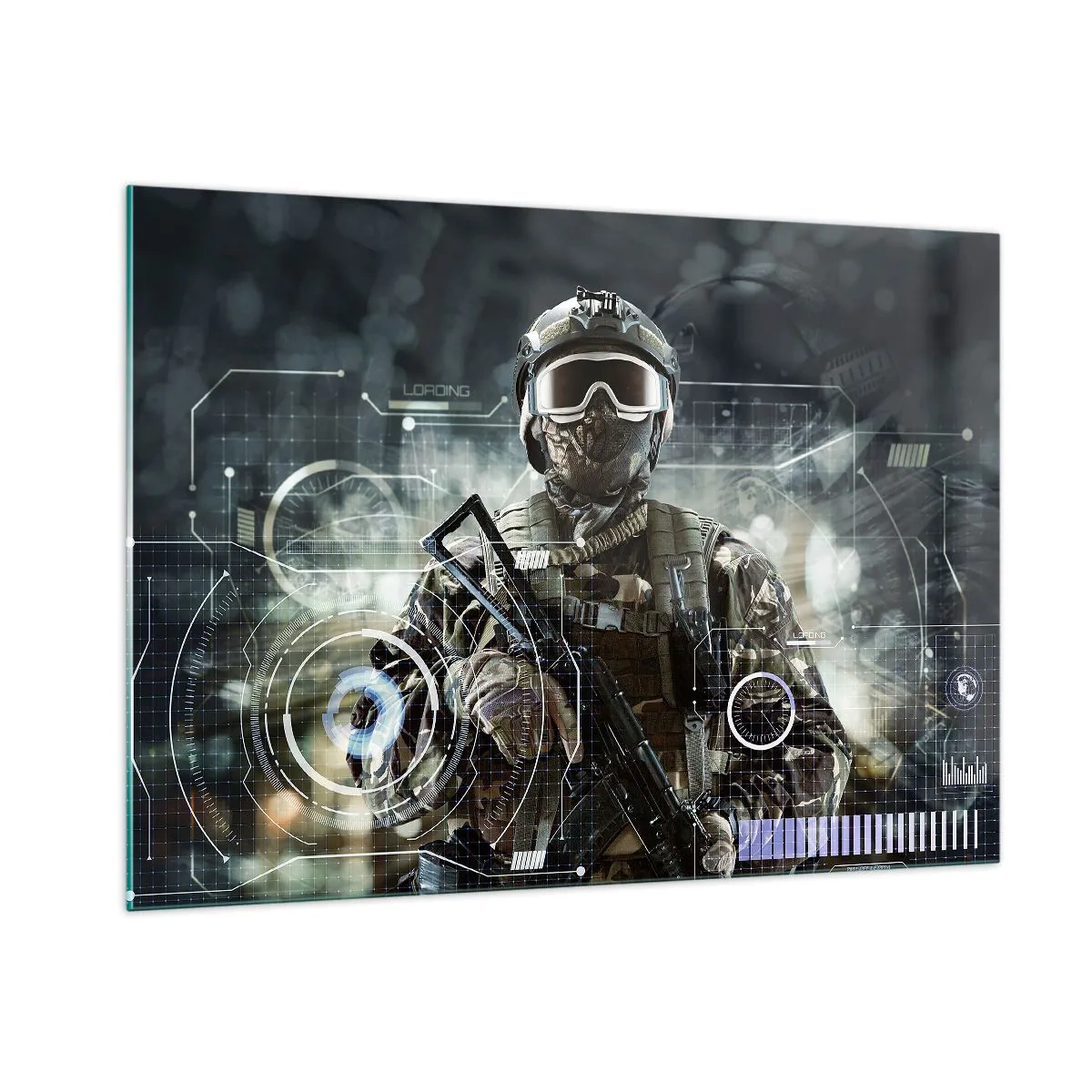 Cuadro sobre vidrio - Impresiones sobre Vidrio - Un soldado con equipo táctico frente a una interfaz futurista. - 100x70cm - De poder a poder - Decoración de pared moderna para salón y dormitorio ARTTOR