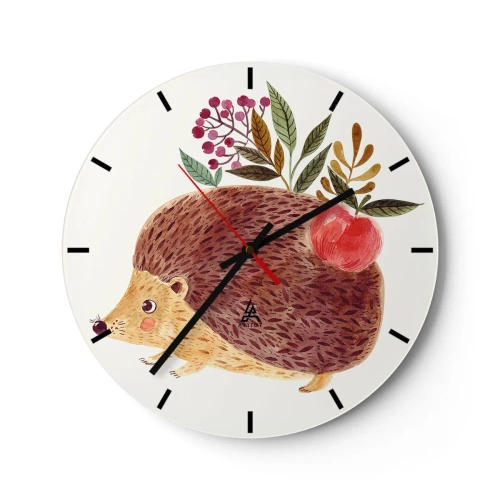 Reloj de pared - Reloj de vidrio - Erizo con una manzana y ramitas sobre un fondo claro - 30x30cm - Y ya te gusto - Decoración de pared moderna para salón, cocina y dormitorio ARTTOR