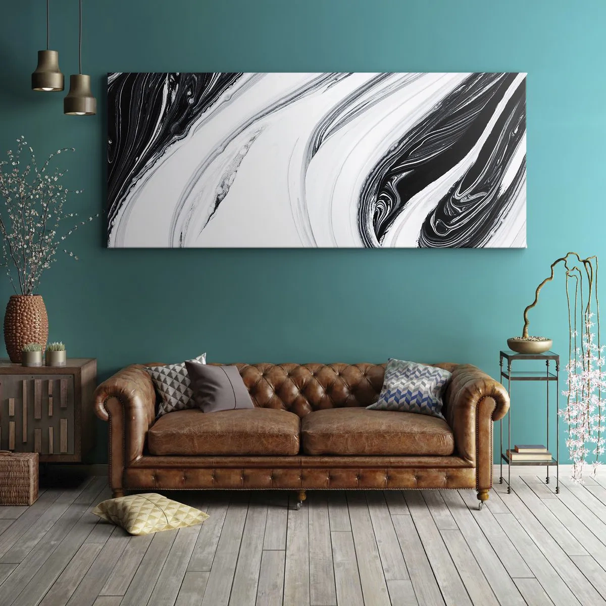 Cuadro sobre lienzo - Impresión de Imagen - Abstracción en blanco y negro con líneas dinámicas y remolinos. - 120x50cm - Combinando opuestos - Decoración de pared moderna para salón y dormitorio ARTTOR