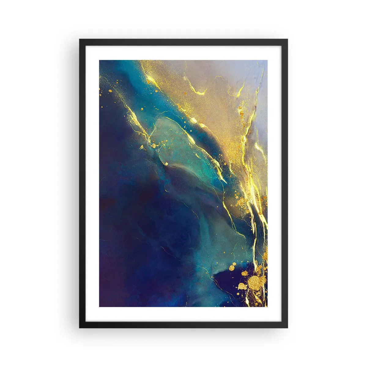 Póster en marco negro - Una composición abstracta en tonos azul marino y dorado. - 50x70cm - Inundación dorada - Decoración de pared moderna para salón y dormitorio ARTTOR