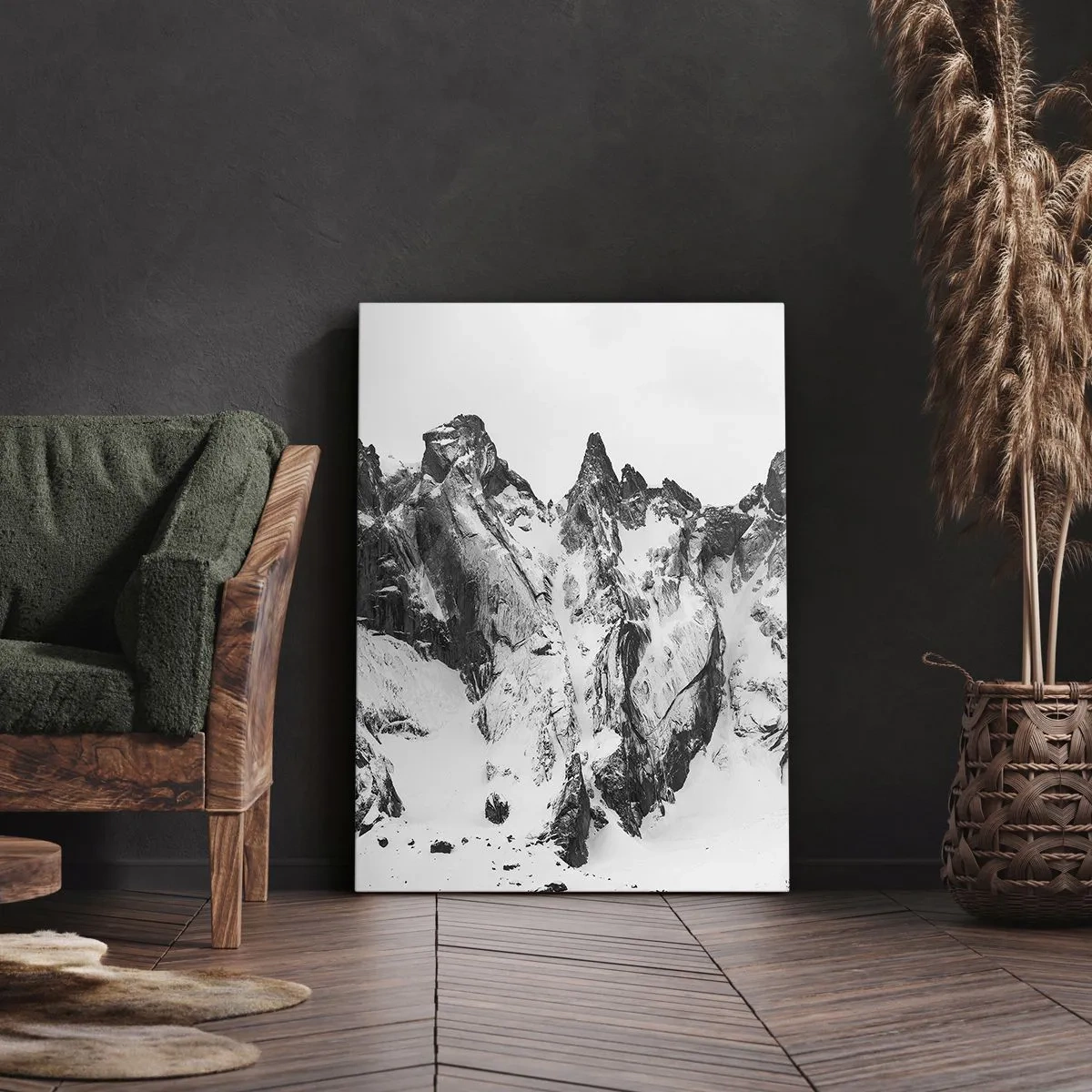 Cuadro sobre lienzo - Impresión de Imagen - Picos de montañas nevados en blanco y negro - 50x70cm - Cresta amenazante - Decoración de pared moderna para salón y dormitorio ARTTOR
