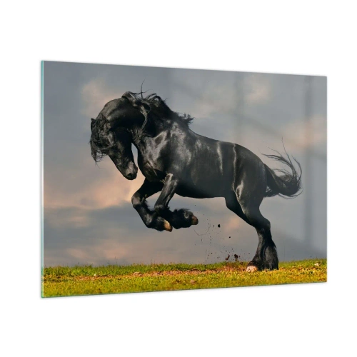 Cuadro sobre vidrio - Impresiones sobre Vidrio - Un caballo oscuro en un salto dinámico contra un cielo nublado. - 100x70cm - Hermoso y libre - Decoración de pared moderna para salón y dormitorio ARTTOR