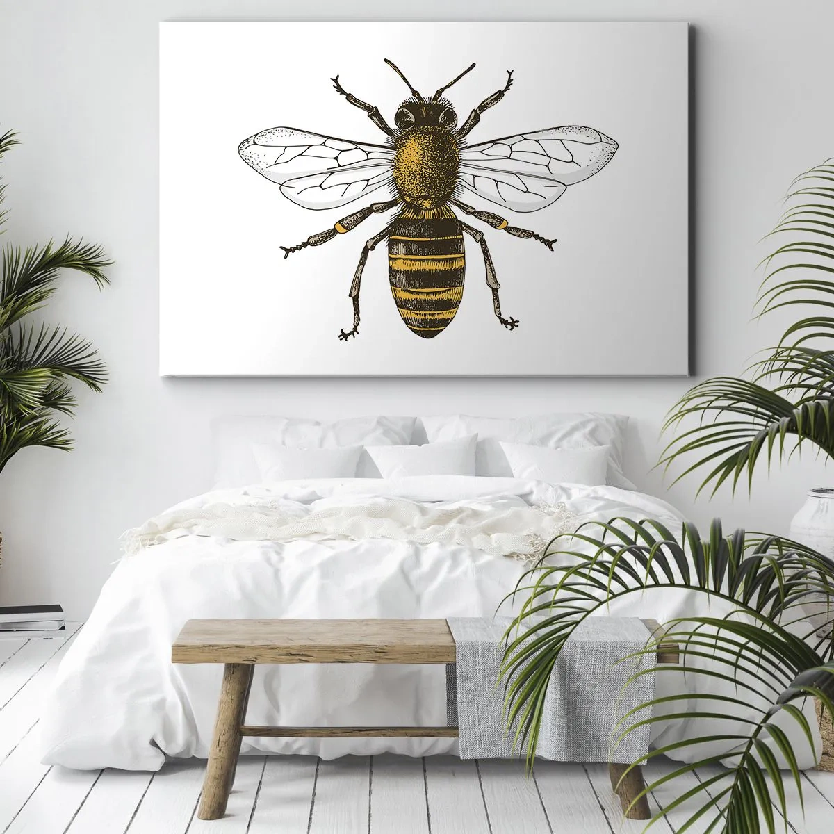 Cuadro sobre lienzo - Impresión de Imagen - Ilustración detallada de una abeja sobre un fondo blanco. - 100x70cm - Bondad natural - Decoración de pared moderna para salón y dormitorio ARTTOR
