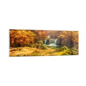 Cuadro sobre vidrio - Impresiones sobre Vidrio - Cascada forestal en oro - 90x30 cm