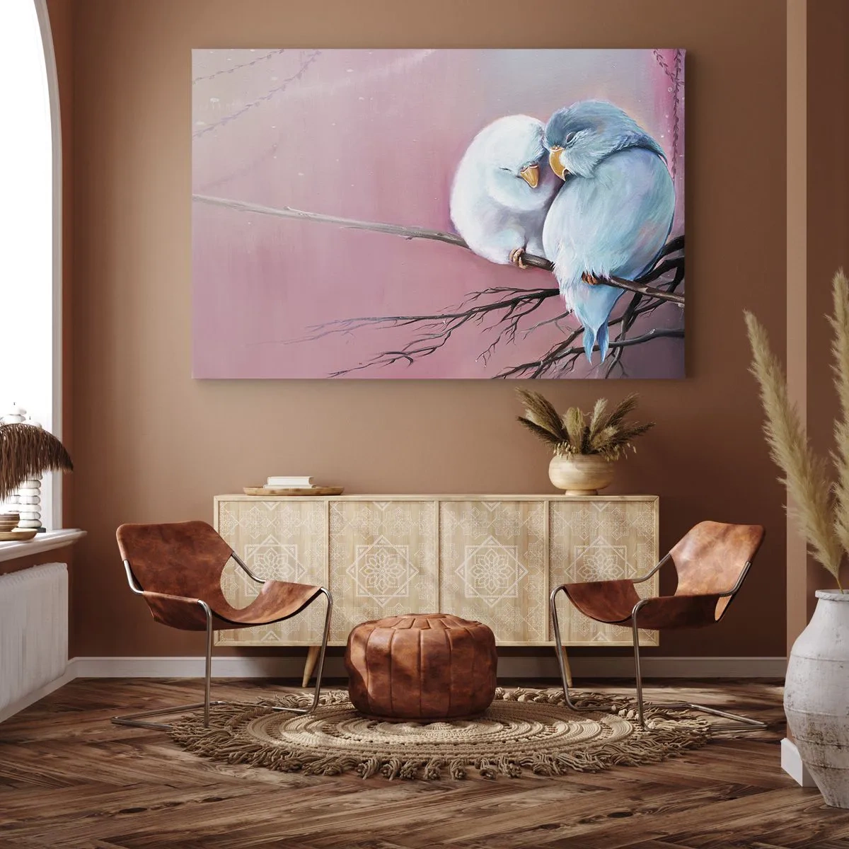Cuadro sobre lienzo - Impresión de Imagen - Dos pájaros enamorados en una rama sobre un fondo rosa. - 100x70cm - Qué añadir aquí... - Decoración de pared moderna para salón y dormitorio ARTTOR