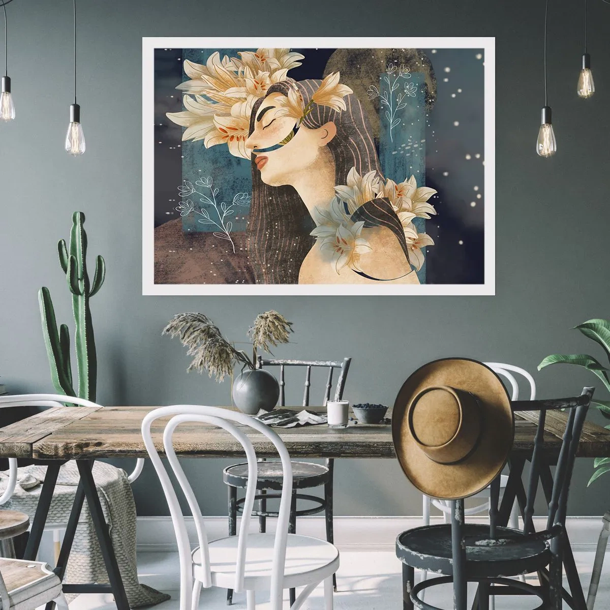 Póster - Retrato de una mujer con flores en estilo artístico sobre un fondo oscuro. - 100x70cm - Cuento de princesa con lirios - Decoración de pared moderna para salón y dormitorio ARTTOR