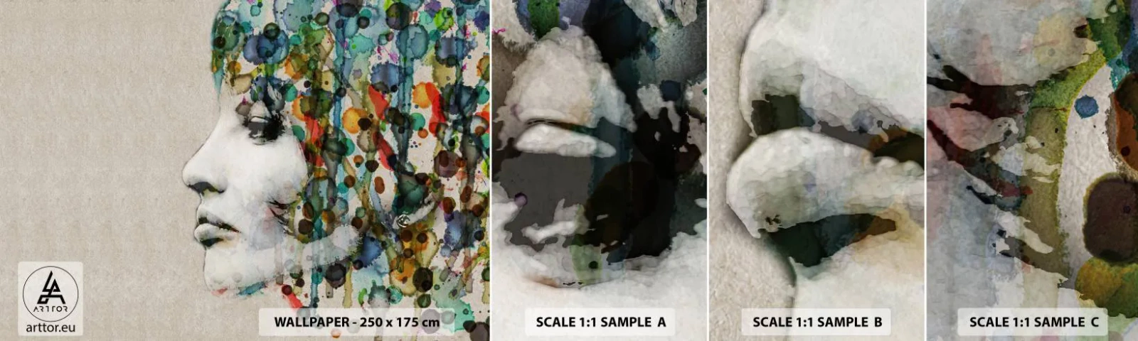 Muestra de fotomural autoadhesivo Deluxe Sticker - Salió del gris - cara de mujer, Abstracción, Gráficos - 100x30 cm