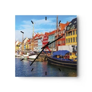 Reloj de pared - Reloj de vidrio - Casas coloridas en el canal con barcos al sol - 30x30cm - Muelle alegre - Decoración de pared moderna para salón y dormitorio ARTTOR