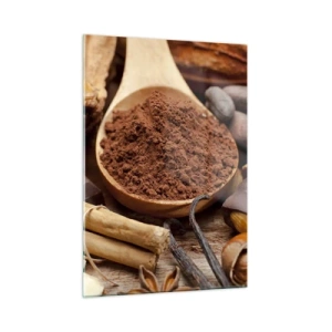 Cuadro sobre vidrio - Impresiones sobre Vidrio - Una cucharada de cacao rodeada de chocolate, especias y frutos secos. - 50x70cm - Lo mejor para las penas - Decoración de pared moderna para salón y dormitorio ARTTOR