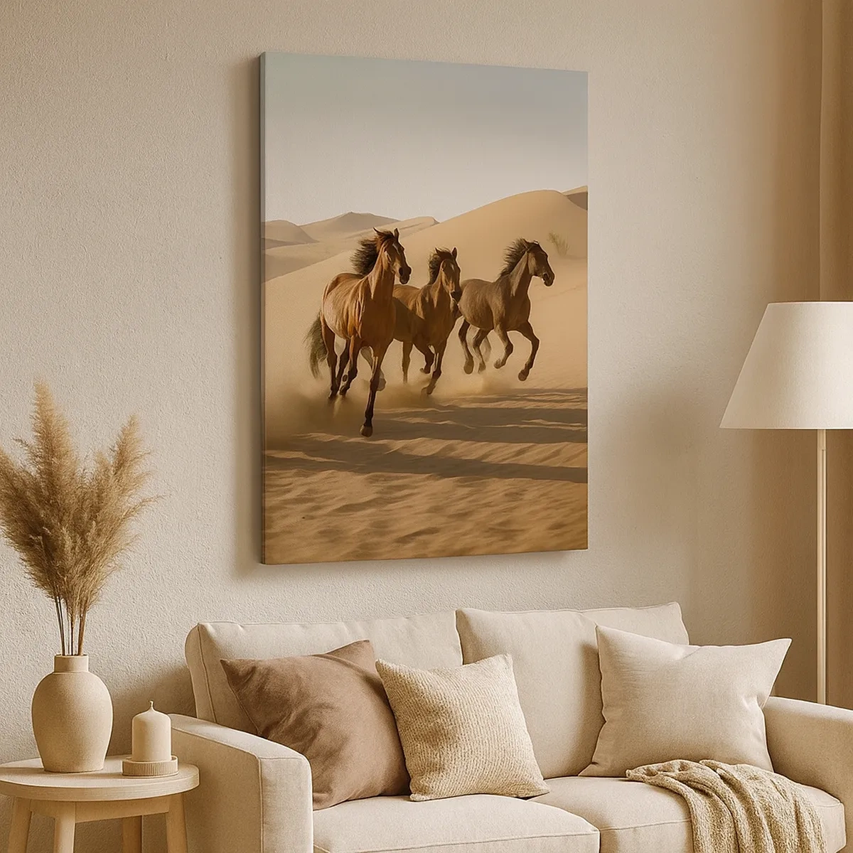 Cuadro sobre lienzo - Impresión de Imagen - Caballos al galope contra un fondo desértico - 50x70cm - Libre como el viento - Decoración de pared moderna para salón y dormitorio ARTTOR
