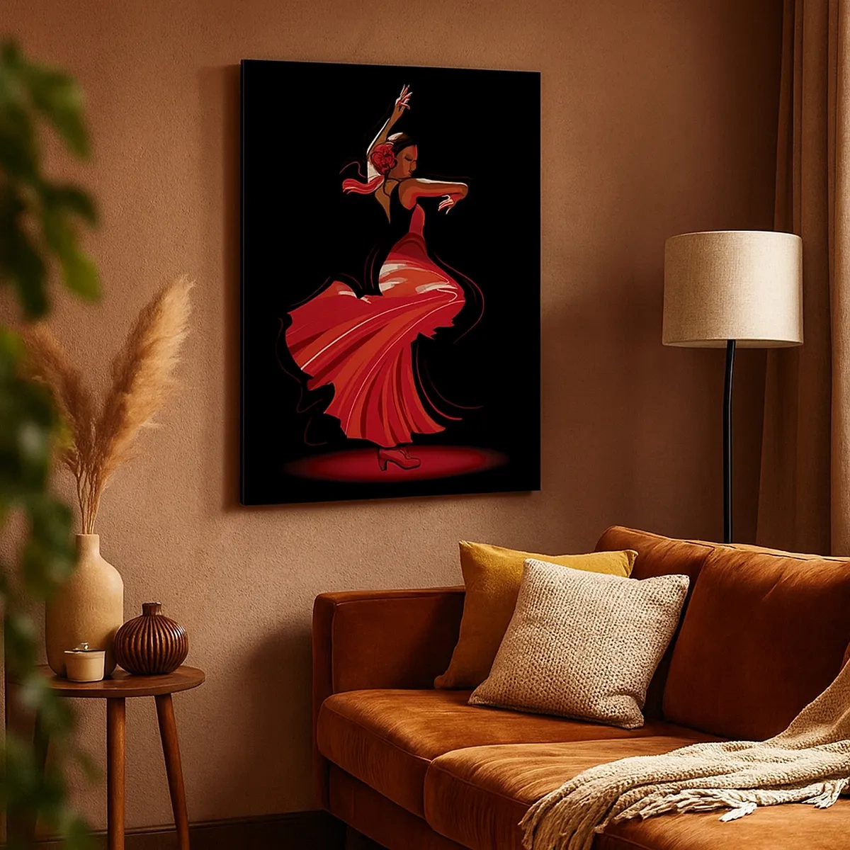 Cuadro sobre lienzo - Impresión de Imagen - Bailaora de flamenco con vestido rojo sobre fondo negro - 50x70cm - El espíritu ardiente del flamenco - Decoración de pared moderna para salón y dormitorio ARTTOR