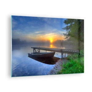 Cuadro sobre vidrio - Impresiones sobre Vidrio - Un barco en el muelle al amanecer en el lago. - 70x50cm - Cómo lo ordinario se convierte en mágico - Decoración de pared moderna para salón y dormitorio ARTTOR
