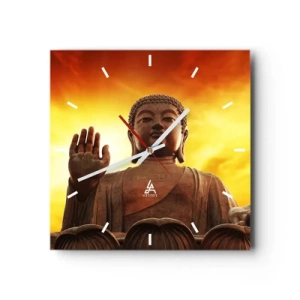 Reloj de pared - Reloj de vidrio - Una estatua de Buda contra un cielo dorado al atardecer. - 30x30cm - La calma del mundo - Decoración de pared moderna para salón y dormitorio ARTTOR