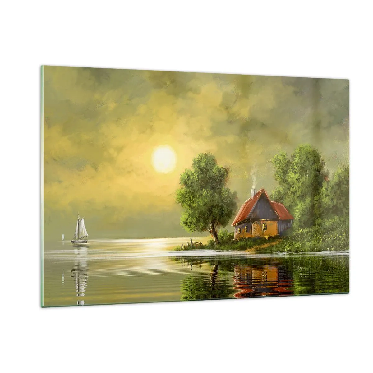 Cuadro sobre vidrio - Impresiones sobre Vidrio - Un paisaje pintoresco con una cabaña junto al lago al atardecer. - 120x80cm - Es hermoso, como salido de un cuadro - Decoración de pared moderna para salón y dormitorio ARTTOR