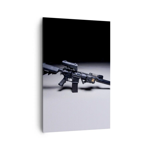 Cuadro sobre lienzo - Impresión de Imagen - Un rifle moderno en negro sobre un fondo oscuro. - 80x120cm - Un caballero oscuro - Decoración de pared moderna para salón y dormitorio ARTTOR