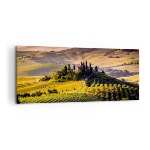 Cuadro sobre lienzo - Impresión de Imagen - Paisaje toscano con viñedos y una casa en una colina. - 120x50cm - Paisaje toscano - Decoración de pared moderna para salón y dormitorio ARTTOR