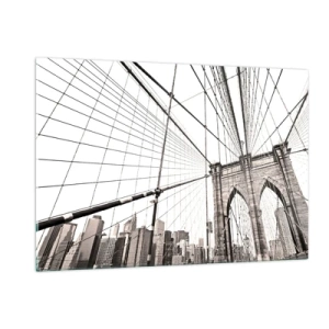 Cuadro sobre vidrio - Impresiones sobre Vidrio - Un puente colgante con un panorama de la ciudad al fondo en sepia. - 120x80cm - Catedral de Nueva York - Decoración de pared moderna para salón y dormitorio ARTTOR