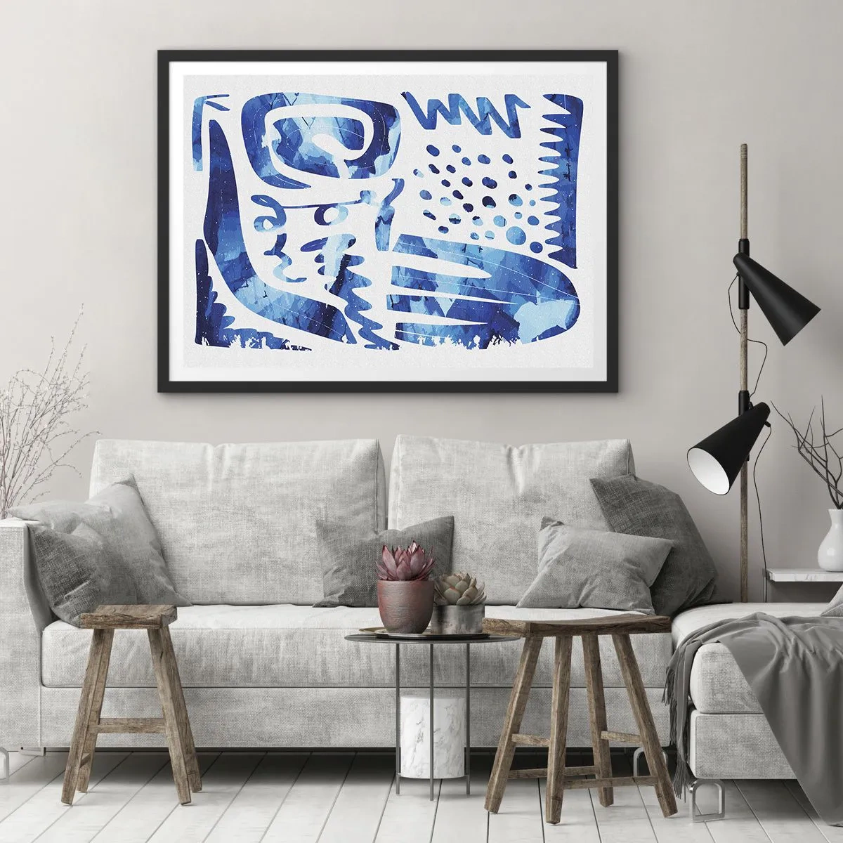 Póster en marco negro - Patrón abstracto en tonos azules - 100x70cm - Vuelta a las raíces - Decoración de pared moderna para salón y dormitorio ARTTOR