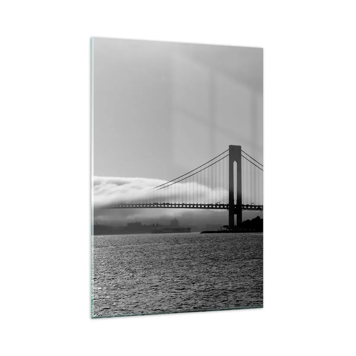 Cuadro sobre vidrio - Impresiones sobre Vidrio - Un puente sobre el agua envuelto en niebla en una toma en blanco y negro. - 80x120cm - Navegue por el Golden Gate - Decoración de pared moderna para salón y dormitorio ARTTOR