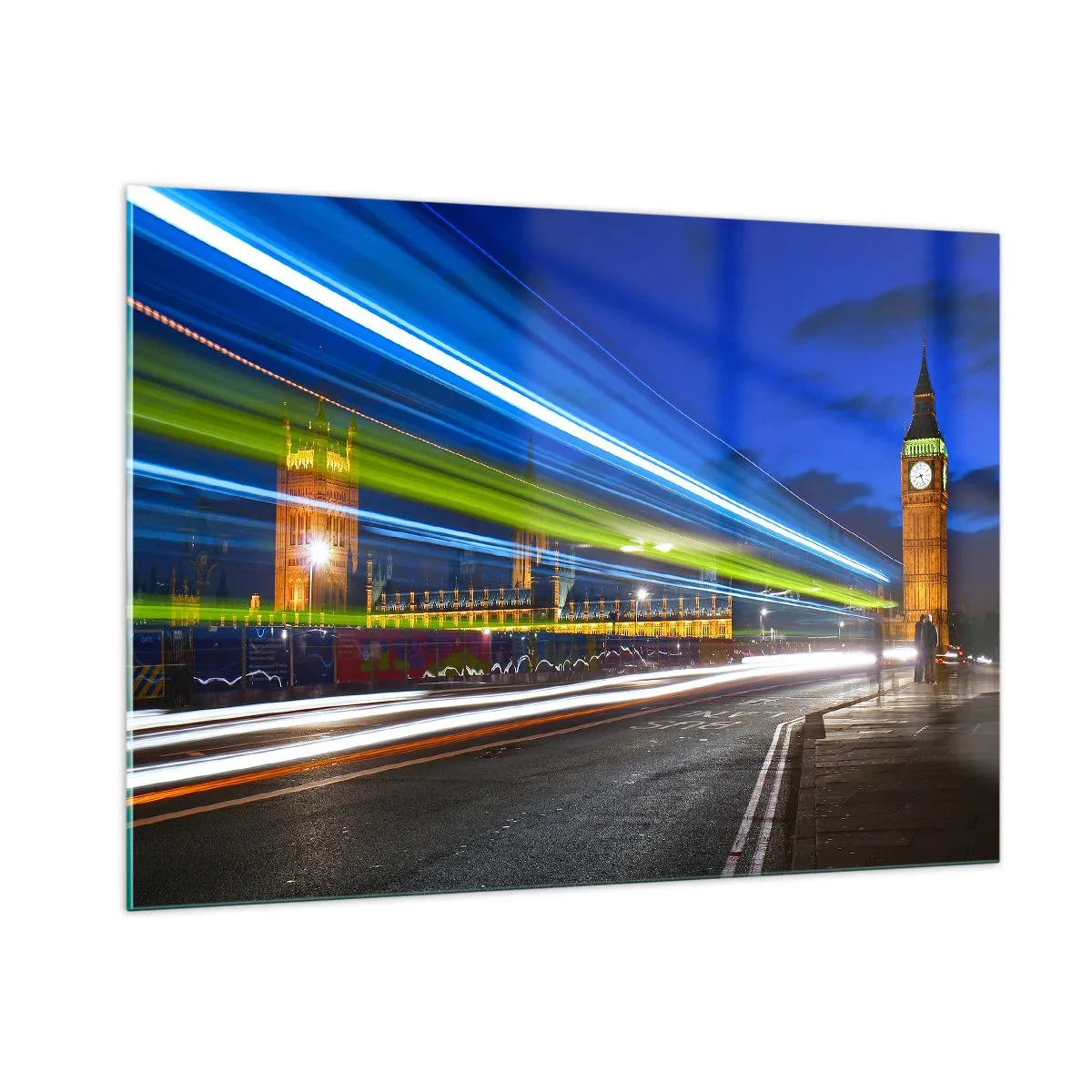 Cuadro sobre vidrio - Impresiones sobre Vidrio - El Big Ben de noche con luces de coche borrosas - 100x70cm - Bajo la mirada del Big Ben - Decoración de pared moderna para salón y dormitorio ARTTOR