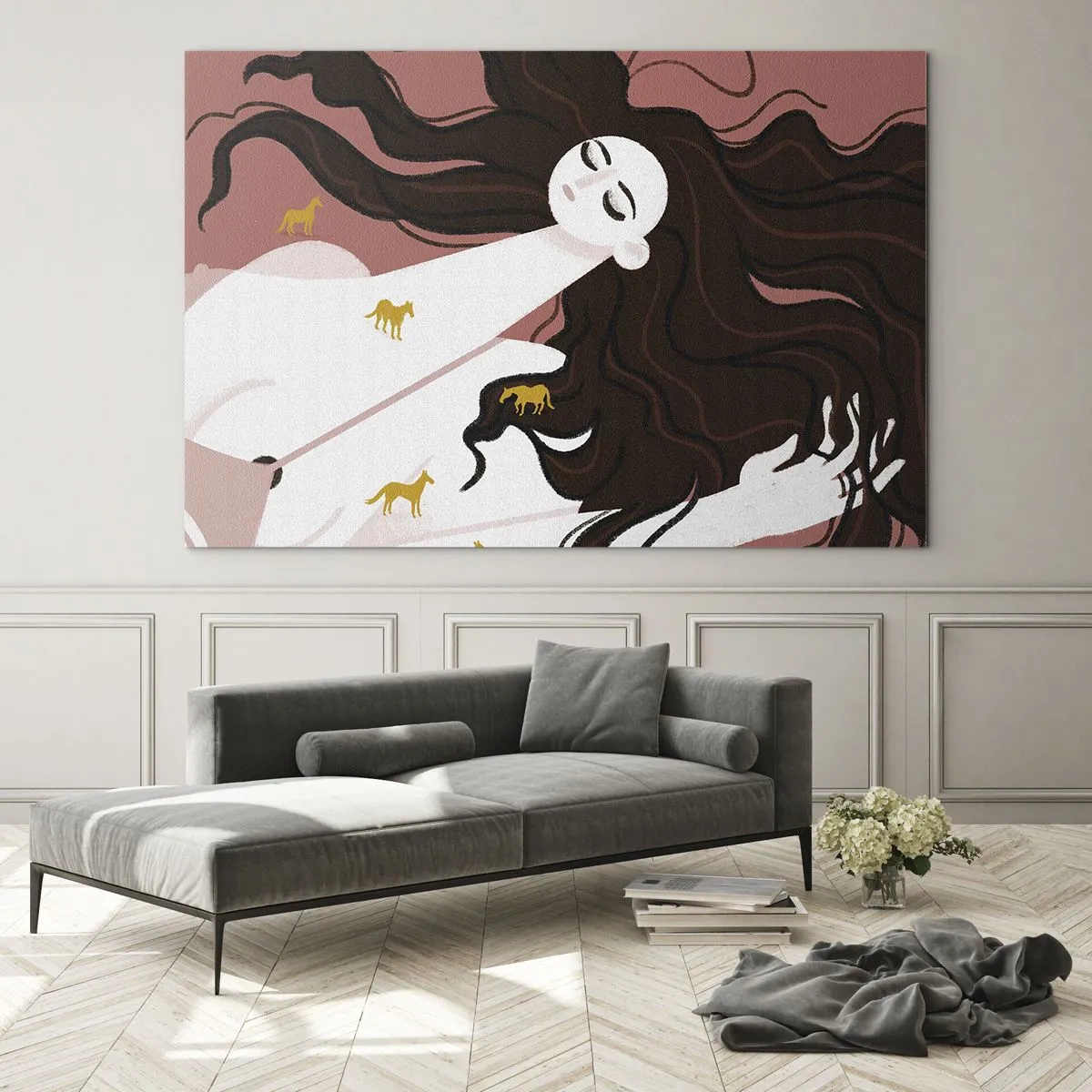 Cuadro sobre vidrio - Impresiones sobre Vidrio - Una mujer con cabello largo y caballos dorados sobre un fondo rosa. - 70x50cm - Sueño de caballos dorados - Decoración de pared moderna para salón y dormitorio ARTTOR